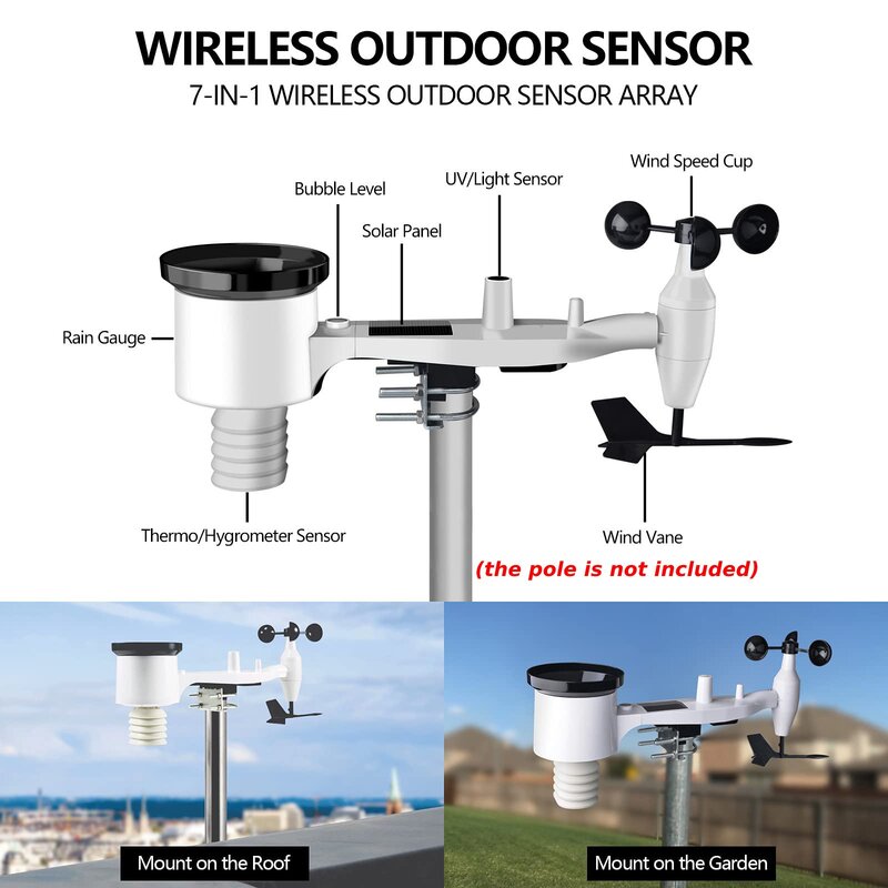 Ecowitt WS69 Sensor cuaca luar ruangan 7-in-1, Sensor cuaca nirkabel untuk kebun rumah, hanya dapat digunakan sendiri