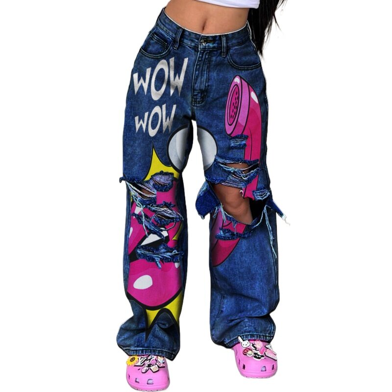Women's Jeans 2024 Spring New Street Style High Waist Ripped Frayed Wide Pants Fashion Printed Long Pants Baggy Jeans Female