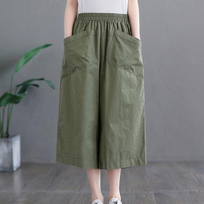 Summer Pants Stylish Wide Leg Cropped Pants with Pockets for Women Elastic Waist Work Pants Solid Color Loose Fit Mid-calf