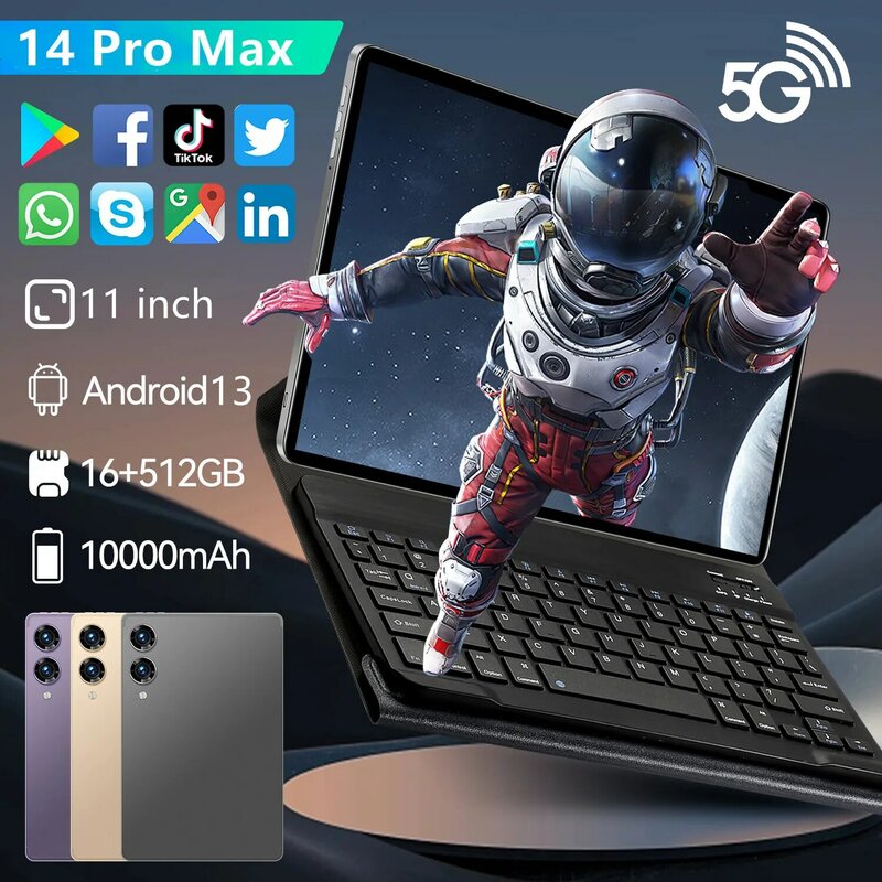 Tableta 14 PRO Max versión Global, Tablet PC con Android 13, 16GB, 2024 GB, 512 mAh, 5G, SIM Dual, llamadas telefónicas, GPS, Bluetooth, WiFi, WPS, 10000