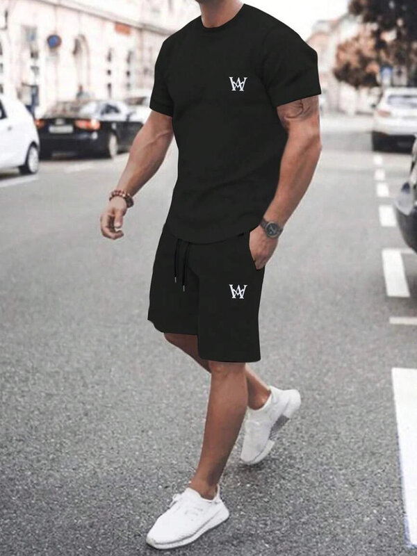 Conjunto de camiseta e shorts estilo esportivo masculino estampado, roupas esportivas com estampa de letras, plus size, moda verão, 2 peças