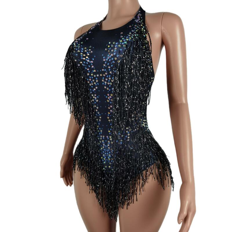 Sparkly Black nappa body donna Sexy Club Outfit Fringe Dance Costume One piece Show Wear cantante Stage body Liusu