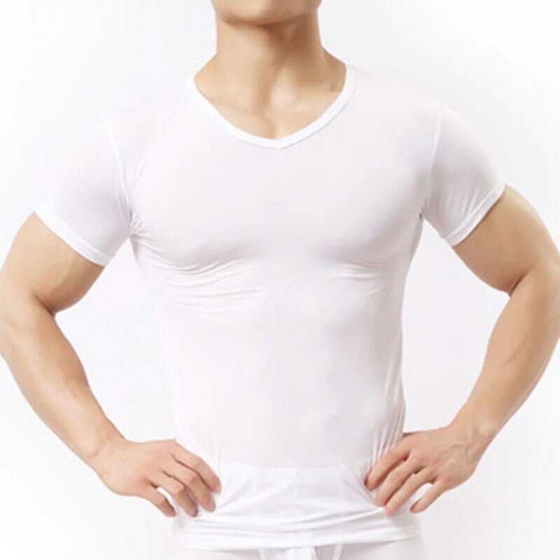 Camisolas de malha de seda gelo masculinas, sexy fitness bodybuilding underwear, veja através do básico
