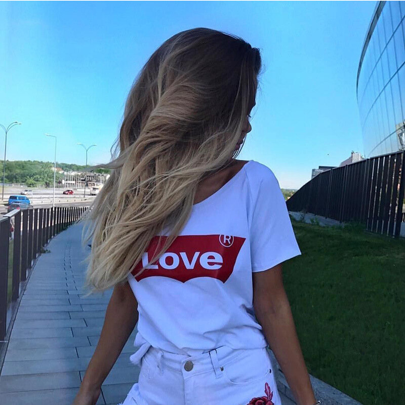 남녀공용 LOVE 프린트 라운드넥 반팔 티셔츠, 오버사이즈 티셔츠 상의, 코튼 100% 여름 신상