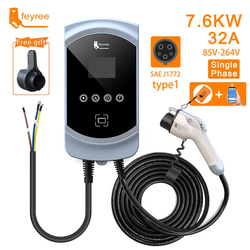 feyree EV Charger Type1 Cable j1772 Socket 32A 40A 50A Single Phase EVSE Wallbox Charging Station APP Control for Electric Car