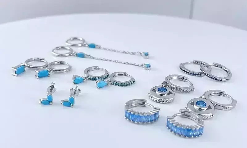 Piercing 925 Sterling Silver Ear Needle Blue Turquoise zircon geometric pendant Hoop Drop Earrings For Women Jewelry accessories