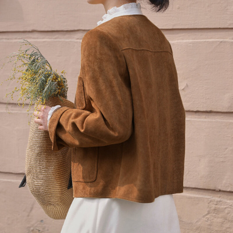Chaqueta de cuero de ante para mujer, abrigo informal con borde de alta moda, cuello redondo de gamuza de Cachemira, chaqueta de botonadura única, Invierno