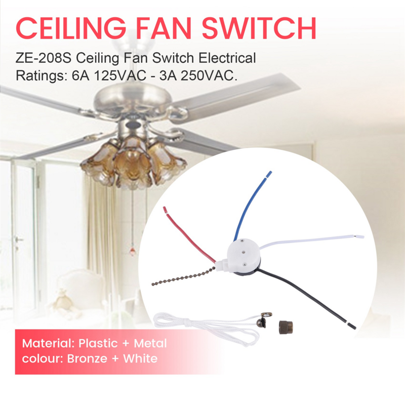 Ceiling Fan Switch Kit 3 Speed 4 Wire, Fan Switch Zipper Speed Control Switch, ZE-208S Pull Wire Switch with Rope Bronze