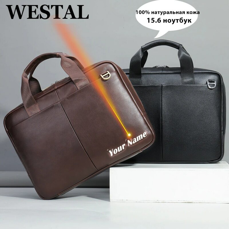 WESTAL-Bolso para ordenador portátil de 15 pulgadas para hombre, maletines de cuero genuino, maletín ejecutivo, Portafolio de negocios para hombre