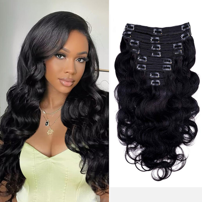 Body Wave Clip in Hair Extensions Brazilian Human Hair Remy Hair Extensions Clip ins for Black Women Natural Black Color 26 inch