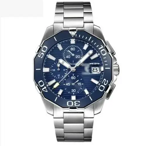นาฬิกาควอตซ์โครโนกราฟสแตนเลสสตีลสีน้ำเงินเซรามิกกันน้ำพร้อมวันที่หรูหรานาฬิกาข้อมือสำหรับผู้ชายใหม่