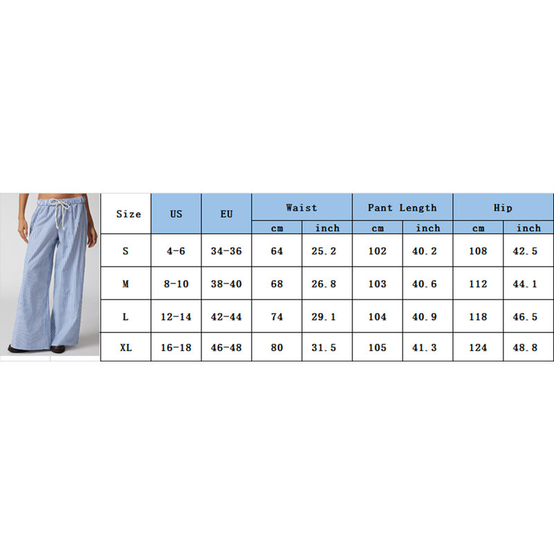 Women's Relaxed Fit Casual Loose Fitting Elastic Waist Wide Leg Pants for Summer Striped Drawstring Long Pants
