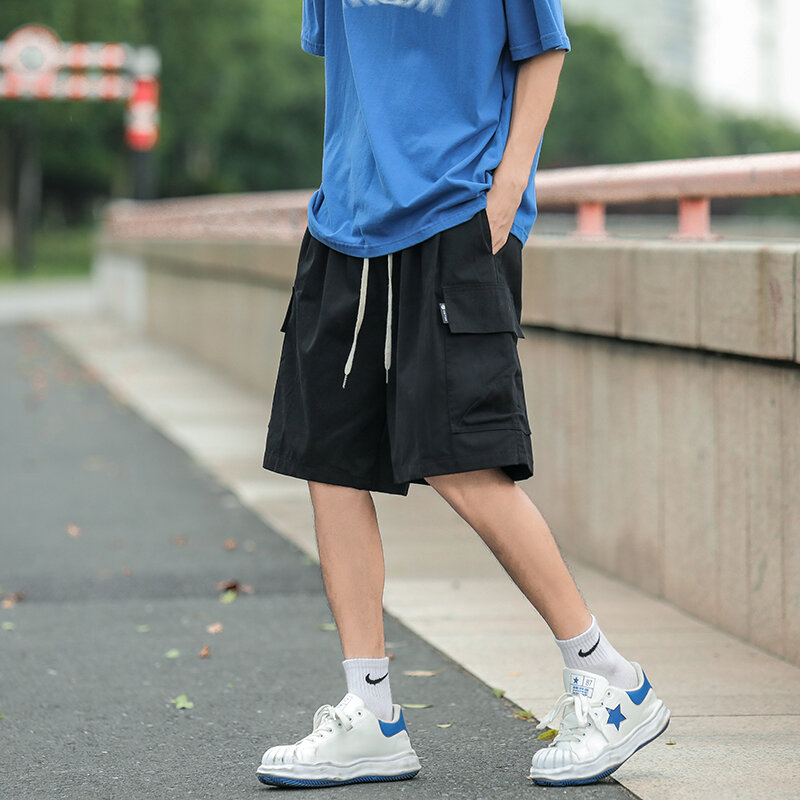 Shorts casuais soltos para homens, streetwear de hip-hop, botões táticos de bolso múltiplo, verão, E182