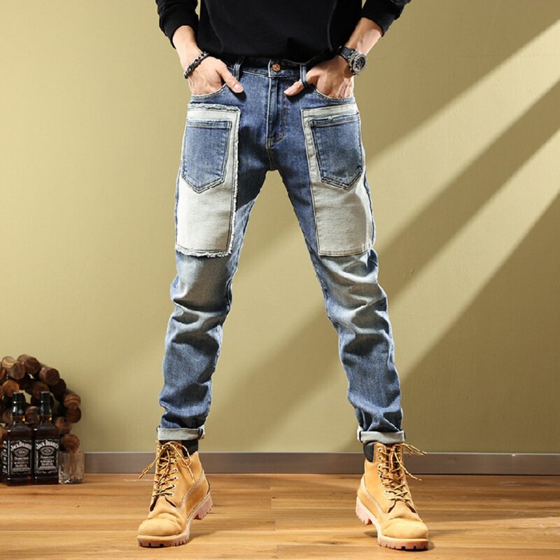 Calça jeans justa de costura elástica masculina, roupa de cintura média, calça cargo hip-hop, calça pequena, rua alta, moda, nova, 2022
