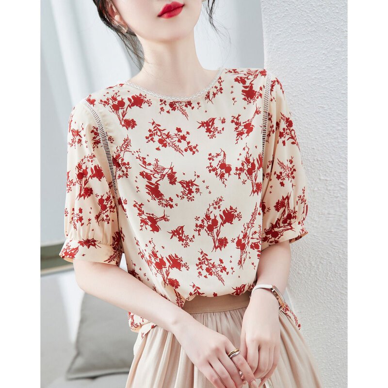 Mulheres primavera verão estilo blusas camisas senhora casual curto lanterna manga o-pescoço flor impresso blusas topos zz1872