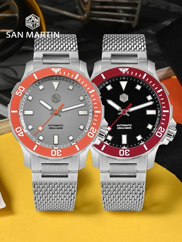 San Martin-Relógio mecânico automático de mergulho masculino, relógio mecânico, pulseira milanesa, original design, luminoso 200m, 39.5mm, V2, NH35