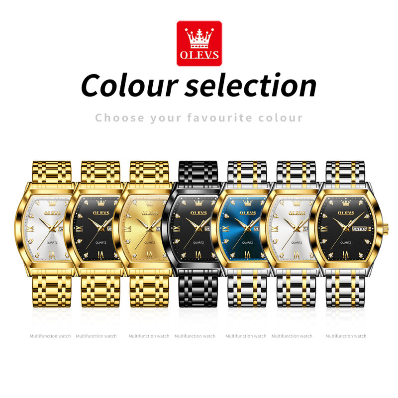 OLEVS Top Luxury Brand Men's Watches Tonneau Dial Gold Quartz Watch Waterproof Dual Calendar Luminous Original Male Wristwatch