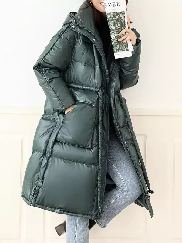 여성용 후드 스탠딩 칼라 화이트 덕 다운 재킷, 레트로 패션, 두껍고 따뜻한 루즈한 소매 F323