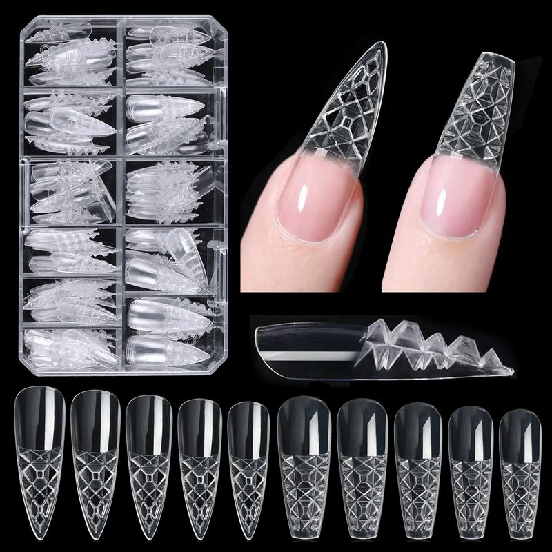 120Pcs/Box False Nail Tips Transparent Trapezoidal Long Tip Bump 3D Crystal Acrylic Gel Crystal Clear Stiletto Coffin Nail Tips