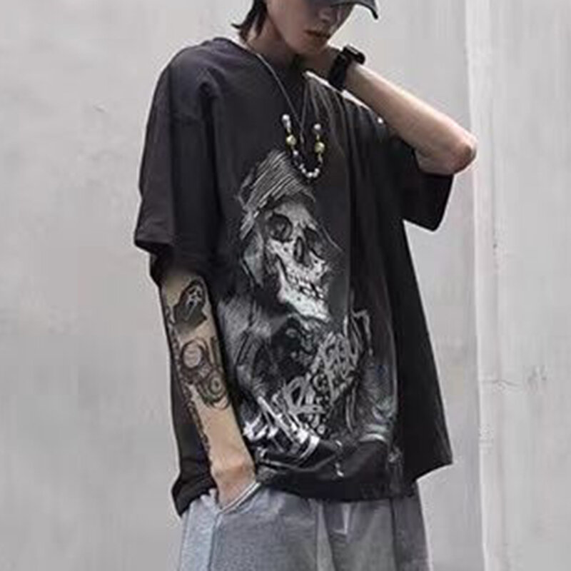 American Street Y2K Horror Wind Reaper Skull Print Men's Summer Classic T-Shirt Casual O-neck Short Sleeve Fashion Loose Top