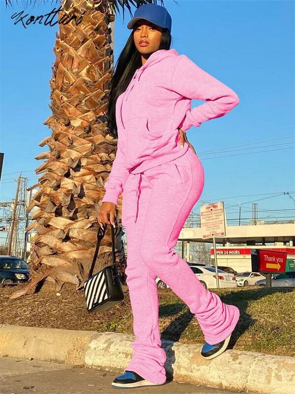 Kontturi Fall Outfits Tracksuit Two 2 Piece Set For Women Long Sleeve Black Hoodies Casual Pink Solid Flare Pants Matching Sets