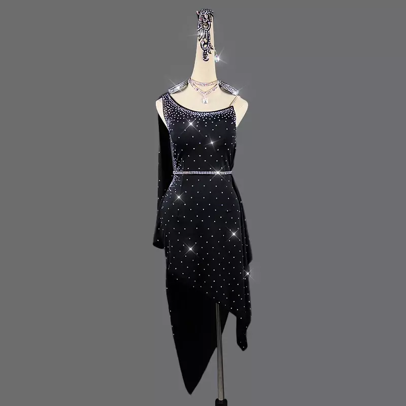 Black Professional Latin Dance Dress Sexy Sparkly Rhinestone Ballroom Dance Costume Women Stage Competition Practice Clothing