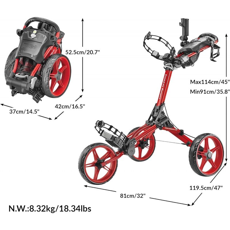 Caddytek-Semi-Auto Folding Golf Push Cart, Desdobrar, Compacto, Vermelho