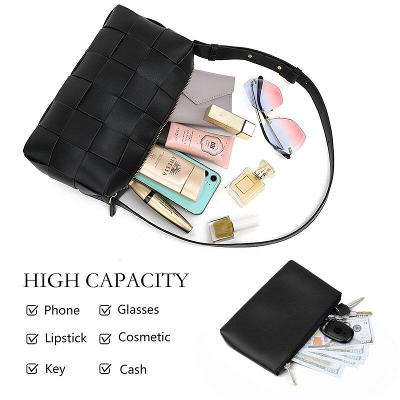 Conjunto de bolsos cuadrados de cuero para mujer, bolsos de hombro de punto, bolso de gran capacidad, bolsos cruzados de lujo de diseñador con monedero