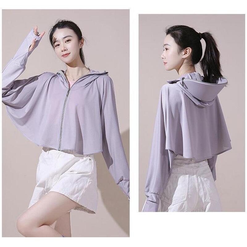 Summer UPF50 + Women Sunscreen Hoodie Long-sleeved Solid Color And Thin Jacket Breathable UV Protection Shirt Ice Silk Clothing