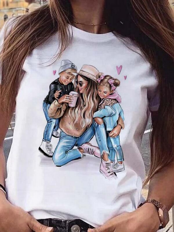 Cartoon Mutter und Sohn Tochter Muster gedruckt Frauen T-Shirt Sommer lässig Harajuku Y2k Frauen Top atmungsaktive Kurzarm