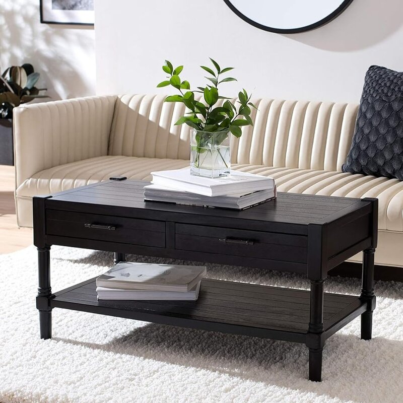 Mesa de centro con estante inferior de 2 cajones, color negro, para sala de estar, sillas, 0 muebles