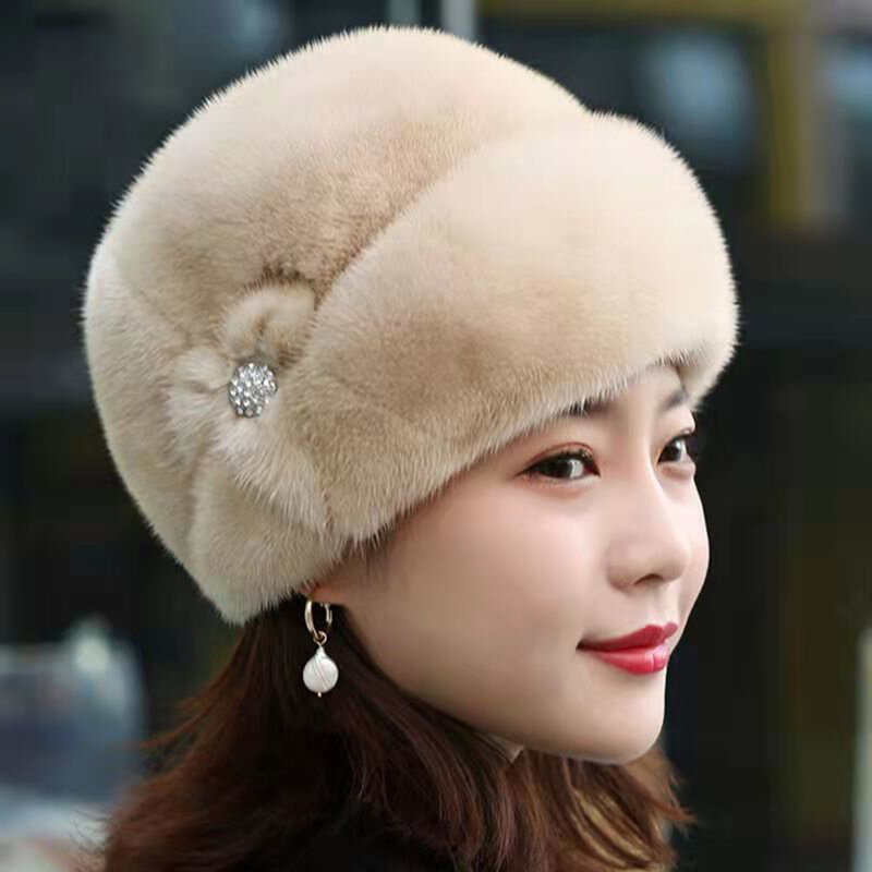 Topi musim dingin wanita paruh baya, topi bulu halus Rusia, dekorasi tetap hangat mewah padat musim gugur musim dingin luar ruangan