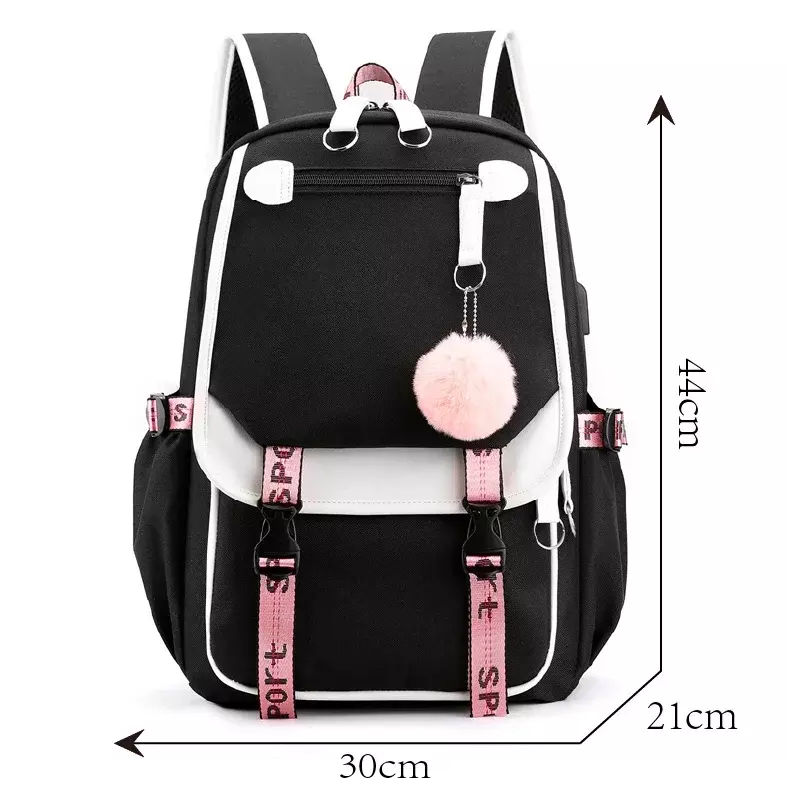 Mochilas escolares grandes para meninas adolescentes, mochila de lona USB, mochila de livro de estudante, mochila moda preta e rosa