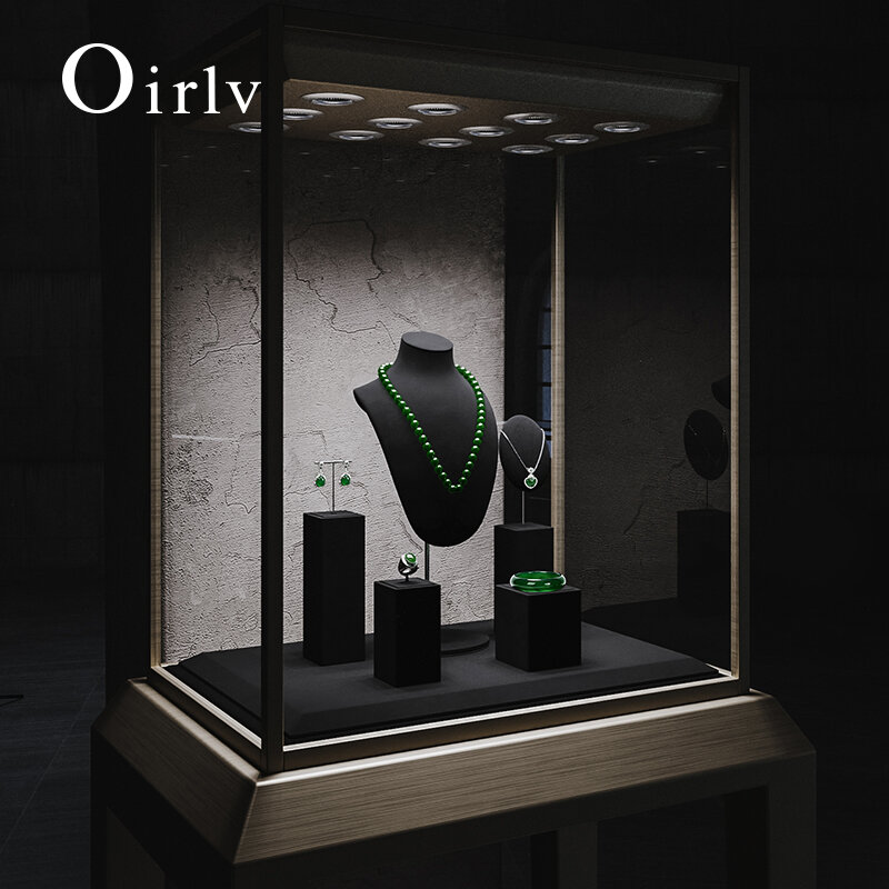 Oirlv-Ensemble d'affichage de bijoux en microcarence noire, vitrine de bijoux en métal, armoire de magasin d'exposition, collier, buste, boucles d'oreilles, bracelet