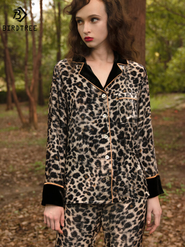 Birdtree-Conjunto de pijama de seda real para mulheres, lapela, calças de manga comprida, leopardo retrô, loungewear confortável, outono, S41442QD