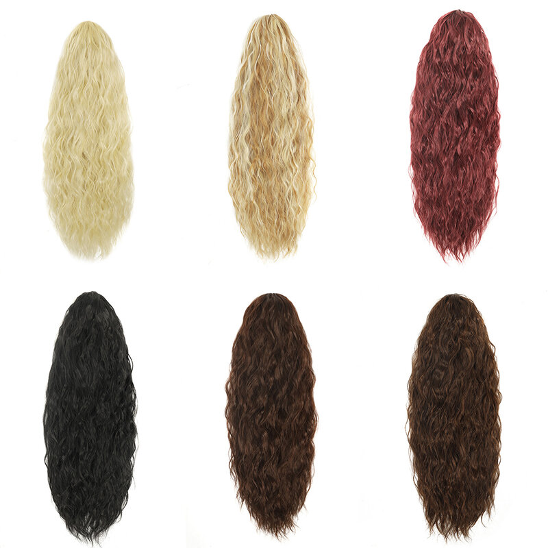 女性のための長い巻き毛の巾着ポニーテール、毎日のコスプレエクステンションのヘアエクステンションのクリップ、黒、ブロンド、赤