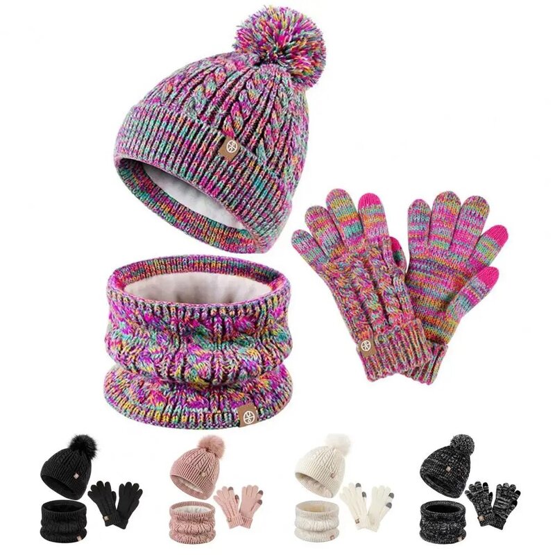 Conjunto de chapéu de malha à prova de vento para crianças, luvas espessas para crianças, ao ar livre, inverno, 5-12 anos, 3 peças