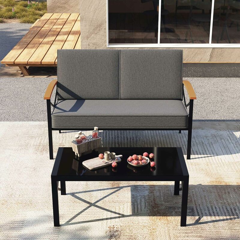 2 Piece Outdoor Patio Furniture Set, Metal Sofa Chair Conversation Set, Coffee Table for Backyard, Patio, Balcony(Dark Grey)