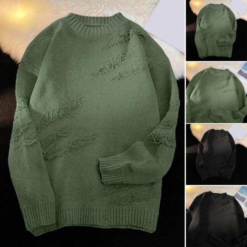 Men Sweater Men's Vintage Hip Hop Sweater with Ripped Detailing Thick Knitted Fabric Round Neck Long Sleeve Pullover for Fall
