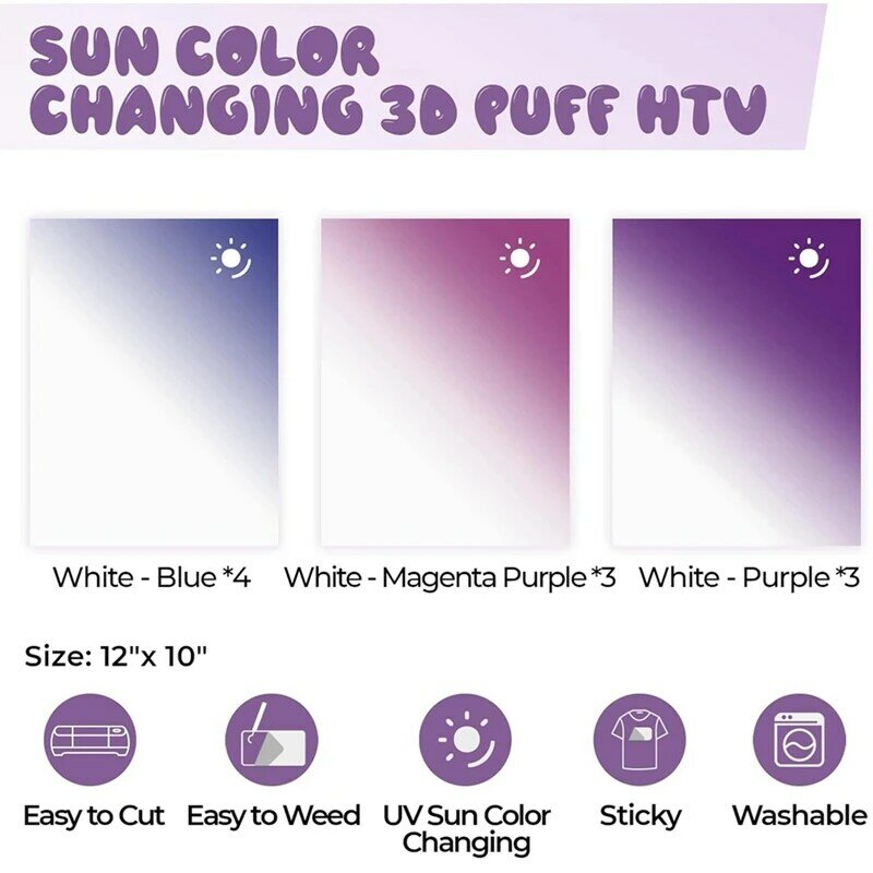 Sun Color Changing Puff Vinyl Transferência de Calor, 3D Puff HTV Vinyl, 3 Cores, 12x10 ", Alta Qualidade, 10 Pcs