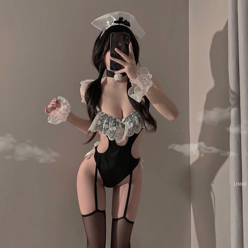 Cosplay Maid Costumes Jumpsuit Lace Hollow Sexy Lingerie Porno Bodysuit Erotic Roleplay Servant Outfit Kawaii Underwear Women's