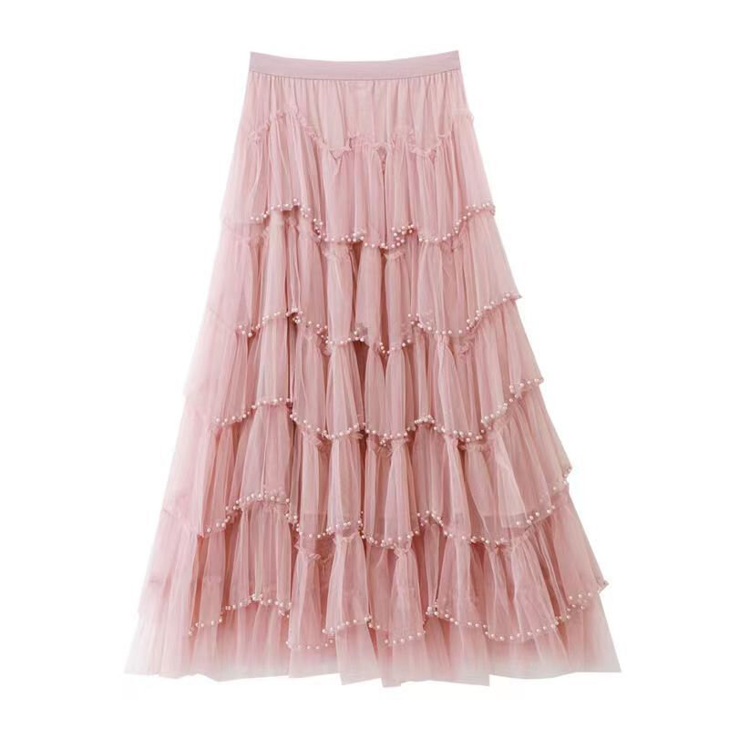 2024 New Beaded Cake Skirt Gauze Skirt Female Spring Autumn Fashion Fairy Long Skirt Solid Lining High Waist Fluffy Women Skirt