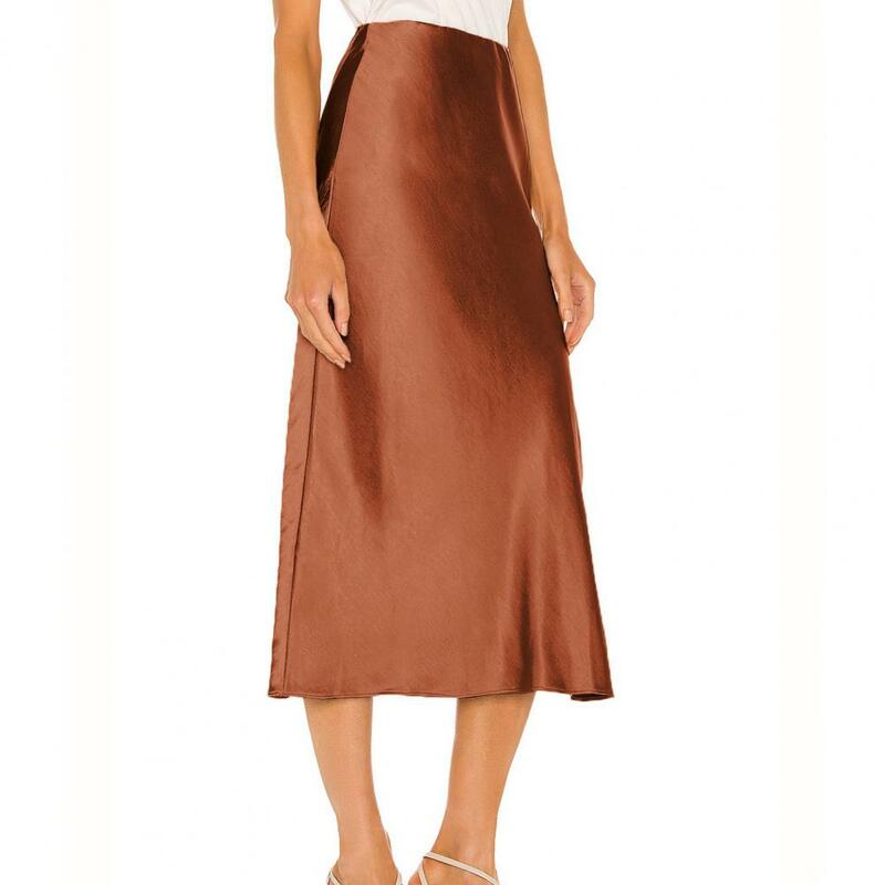 Юбка-трапеция Женская средней длины, элегантная однотонная атласная юбка с завышенной талией, с Боковым Разрезом, до середины икры, повседневная одежда