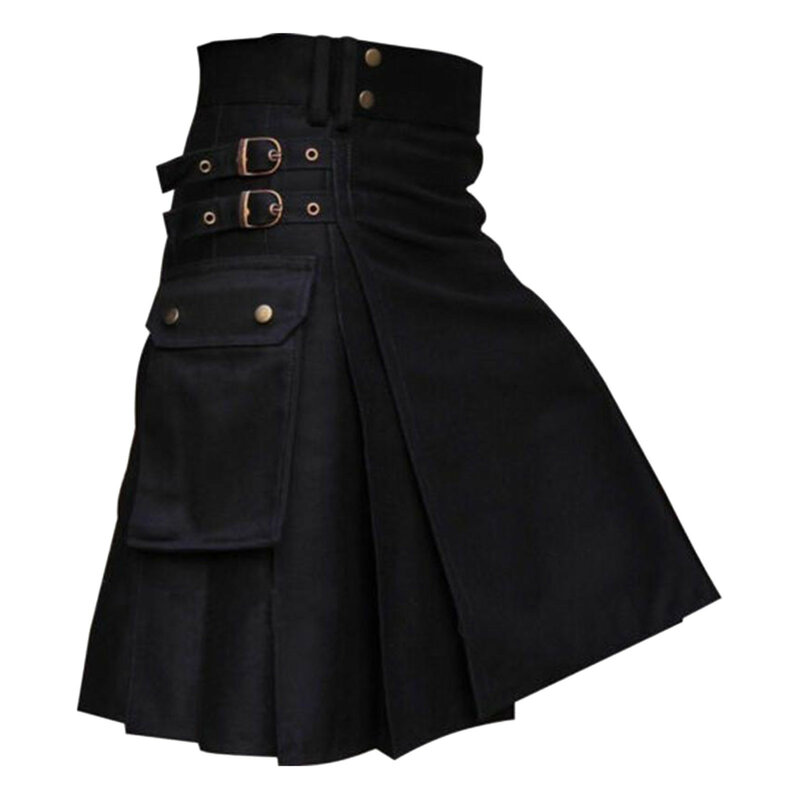 Wysokiej jakości 2023 moda męska fajne kieszonkowe kilty jednolity kolor gotycki Kilt Vintage wojownik Cargo Kilt pas metalowy plisowana spódnica