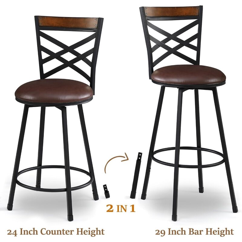 New Brown Swivel Bar Stools Set of 2, Adjustable Seat Height Bar Stools, 24/29 Inches Counter Height Stools