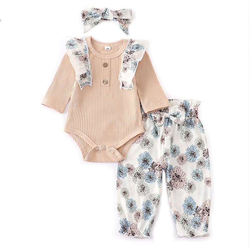 Pakaian bayi perempuan baru lahir, Jumpsuit 3 potong baju balita warna Solid Kerut bunga cetak celana ikat kepala