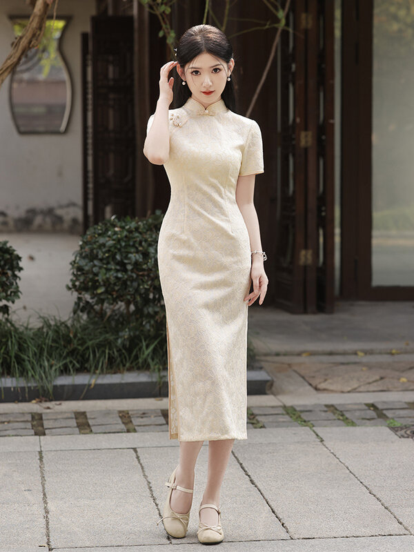 Cheongsam de manga curta vintage feminino, plus size, vestidos tradicionais chineses, design de renda, Qipao longo, S a XXXL