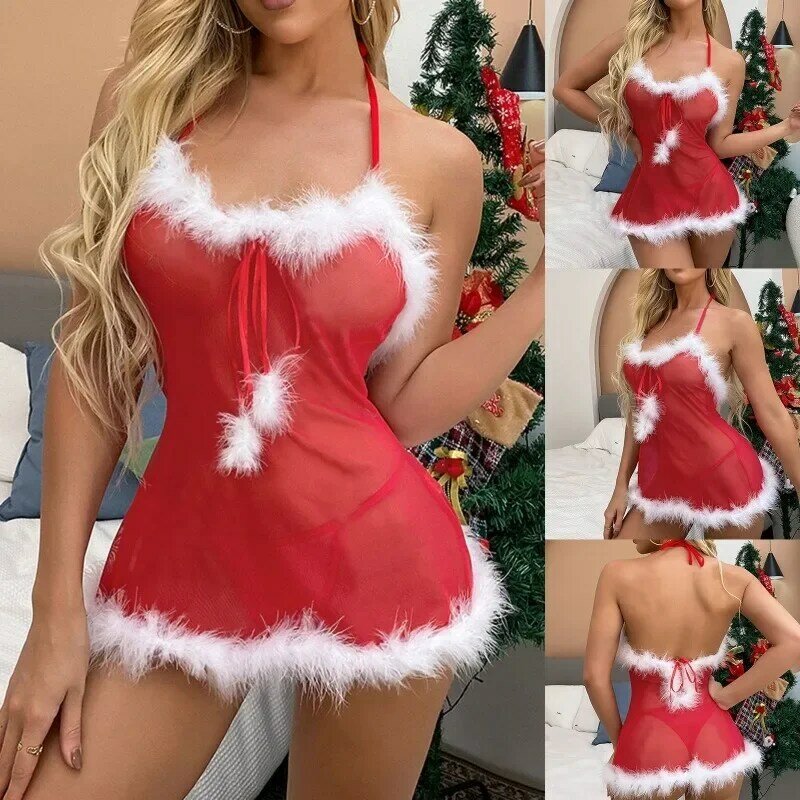 Wanita jaring Natal menggantung leher bertali rok piyama seksi pakaian dalam menyenangkan wanita Set Lingerie Lenceria Femenina