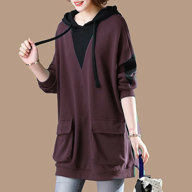 Women's Korean Loose 2024 Spring Autumn Medium Long Size Versatile Hooded Spliced Pocket Long Sleeve Pullover Casual Hoodie Tops