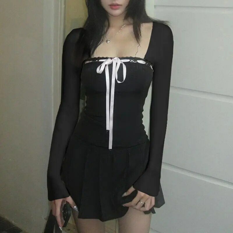Элегантное женское платье HOUZHOU, черное платье для женщин, сексуальное тонкое боди, милые короткие платья мини с рукавами, винтажные складки Y2k